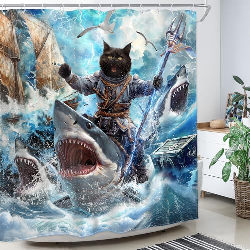 Image of Funny Cat Shower Curtain Kids Cool Pirate 72Wx72H Inch Decor