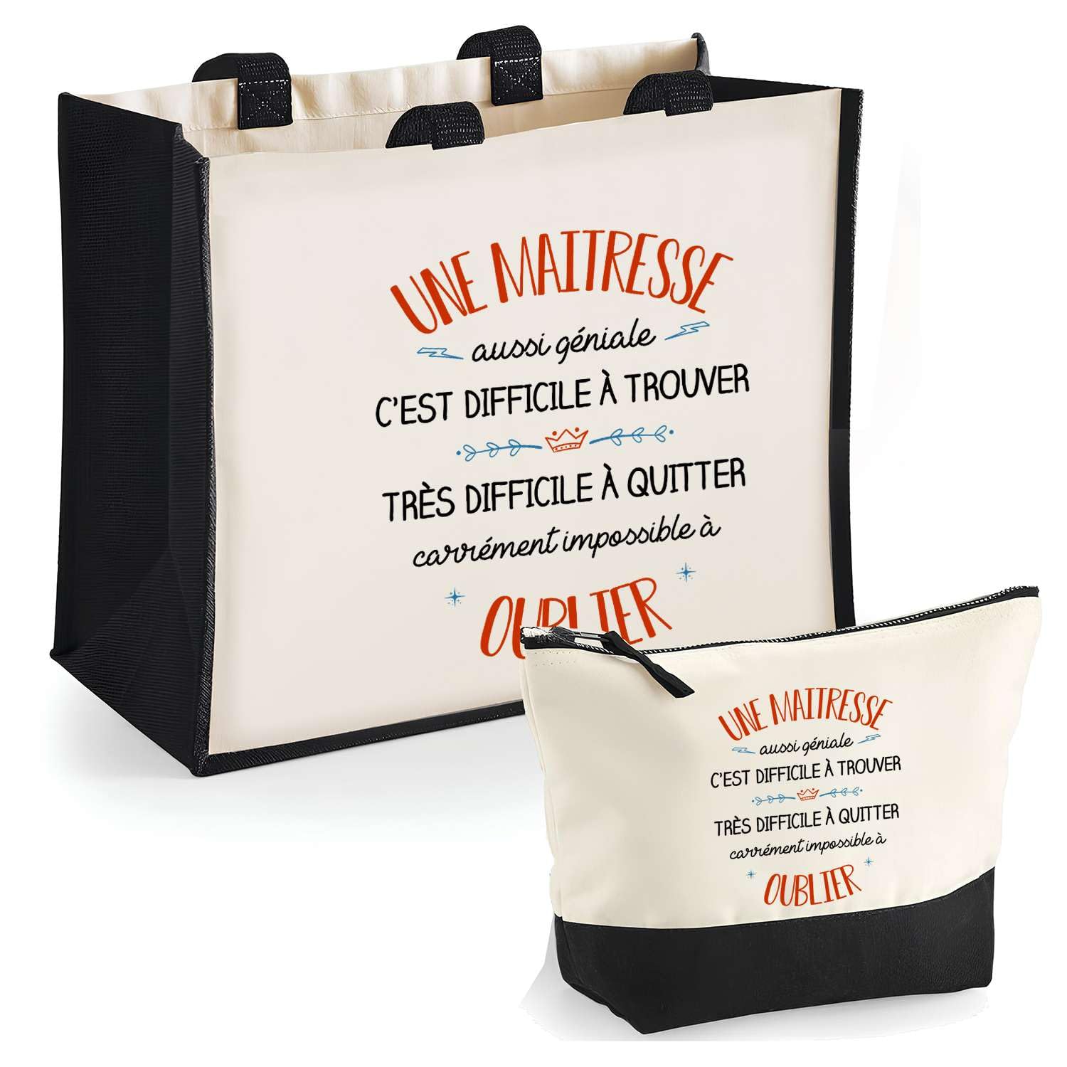 Planetee Duo Trousse et Cabas Jute Noir Une Maitresse Aussi géniale - Sac Cabas Shopping et Pochette - Cadeau Fin d'années Ecole