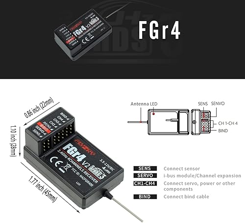 Miniatura 5 de Flysky FS-FGR4 V2 Receptor bidireccional de antena única con 2.4Ghz 4CH AFHDS3 PPM/IBUS/S.Bus/PWM Salida Compatible Rc Truck Boat Noble FS-NB4