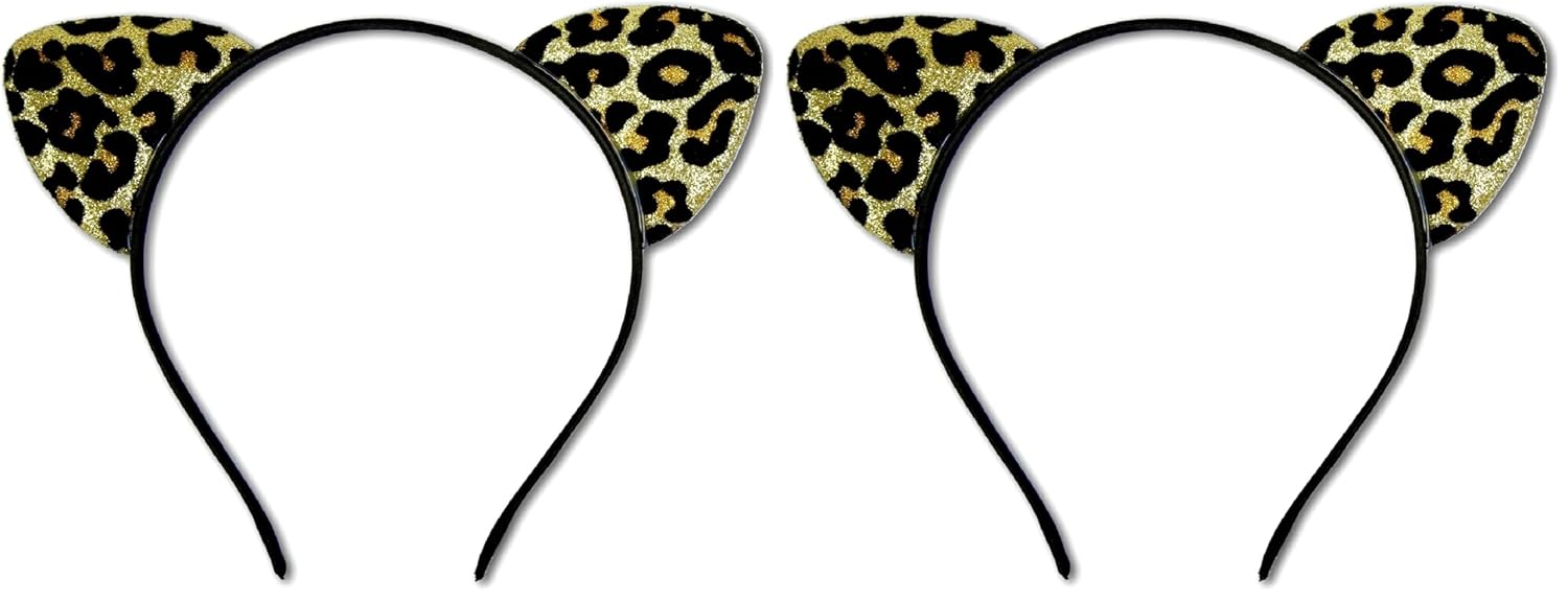 Huachi Cheetah Ears Headband for Women Glitter, Leopard Ears Costume Halloween Cat Ear Headband Cheetah Accessories (Pack of 2)