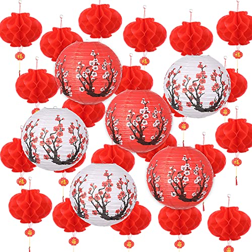 56 Pcs Japanese Party Decorations Chinese Paper Lanterns Cherry Blossom 50 Pcs 10 Inch Chinese Red Paper Lanterns 6 Pcs 12 Inch Japanese Cherry Blossom for New Year Spring Festival Wedding