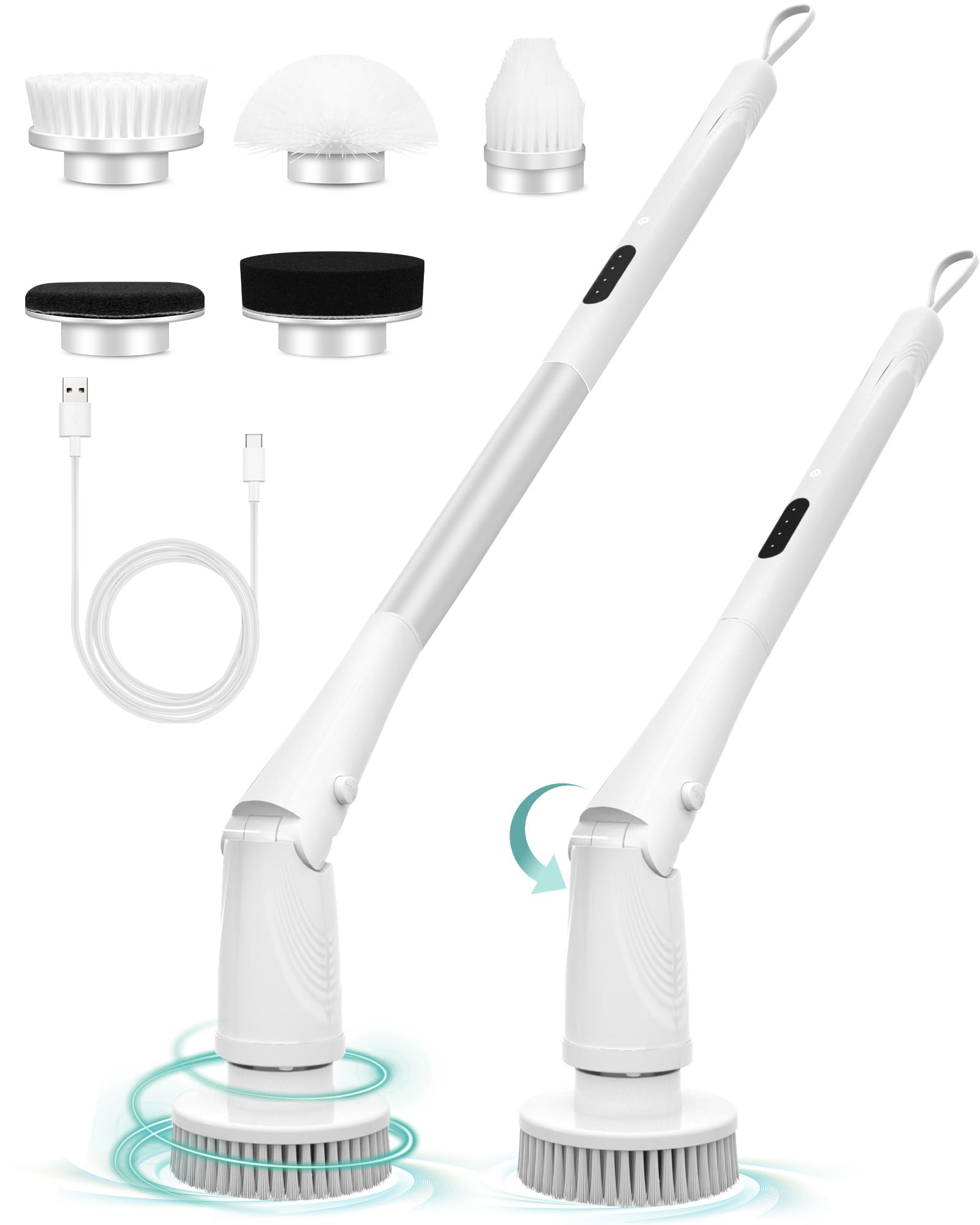 Electric Spin Scrubber, TRAJADA Shower Cleaning Brush with 5 Replacement Heads,3 Adjustable Angle Shower Scrubber,Cordless Power Scrub with Extension Handle for Cleaning Bathtub Grout Tile Floor