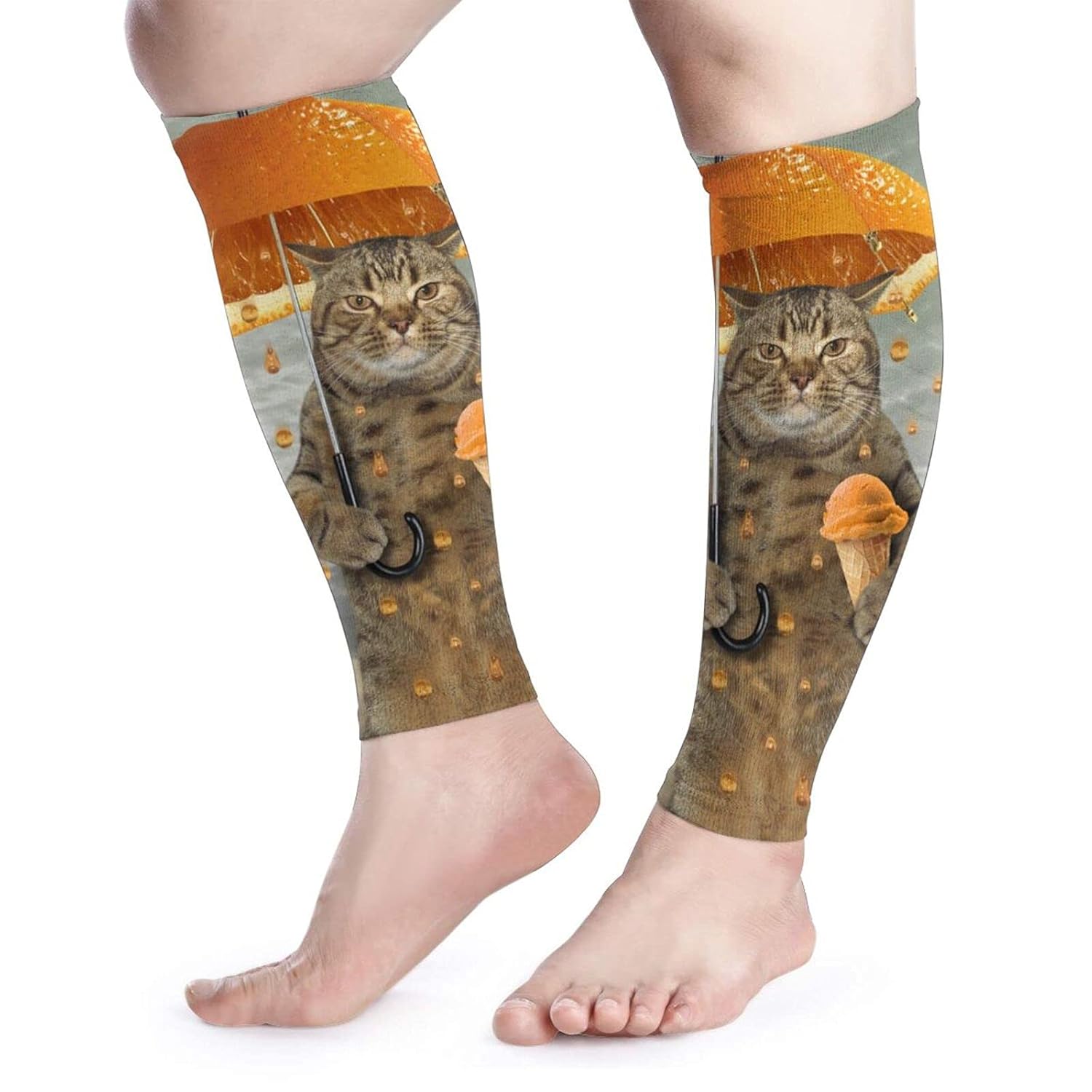 ふくらはぎサポーター おしゃれ 猫柄 面白い ミカン 傘をさす猫 アイス