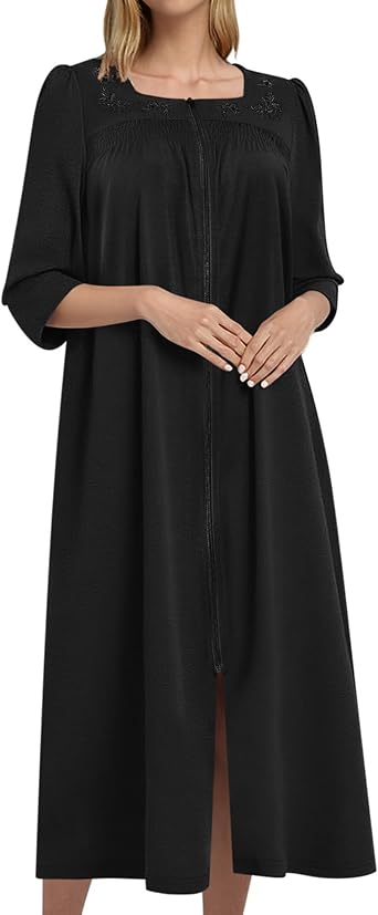 Bloggerlove Womens Zipper Robe with Pockets, 3/4 Sleeve Housecoat | Long House Dress, Square Neck, Zip Up Robes, Nightgown, Sleepdress, Lounge Dress