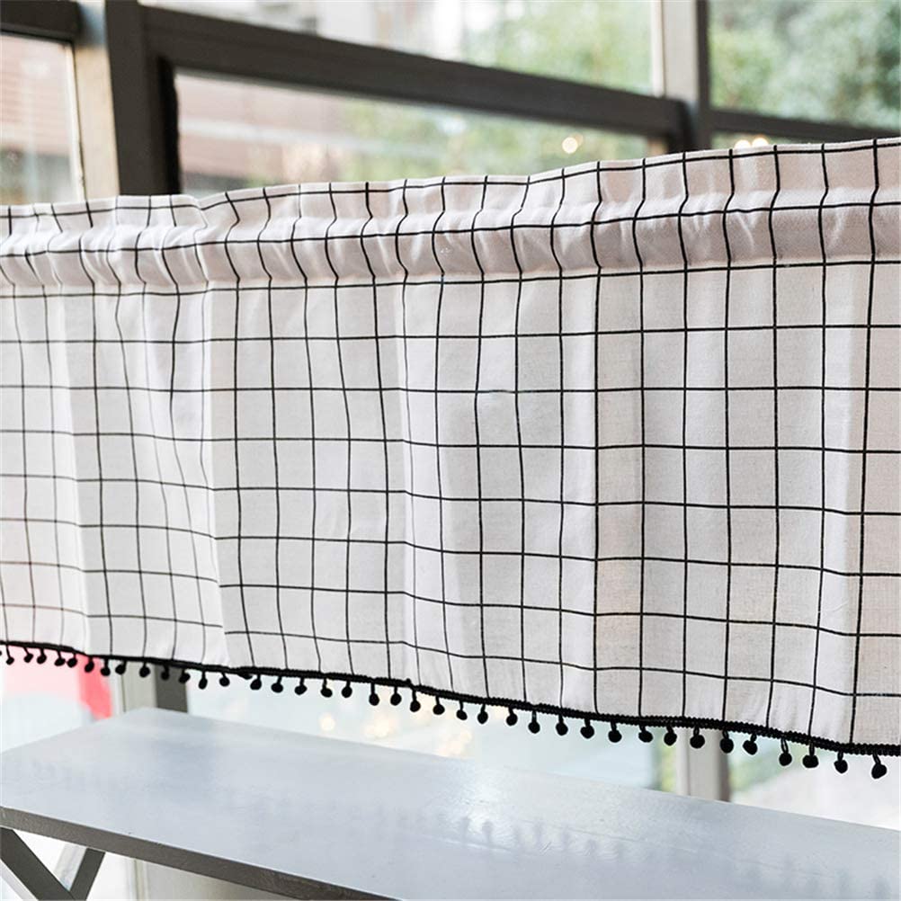 Cortina corta de cocina a cuadros Vichy blanco y negro 140x130cm para ventana