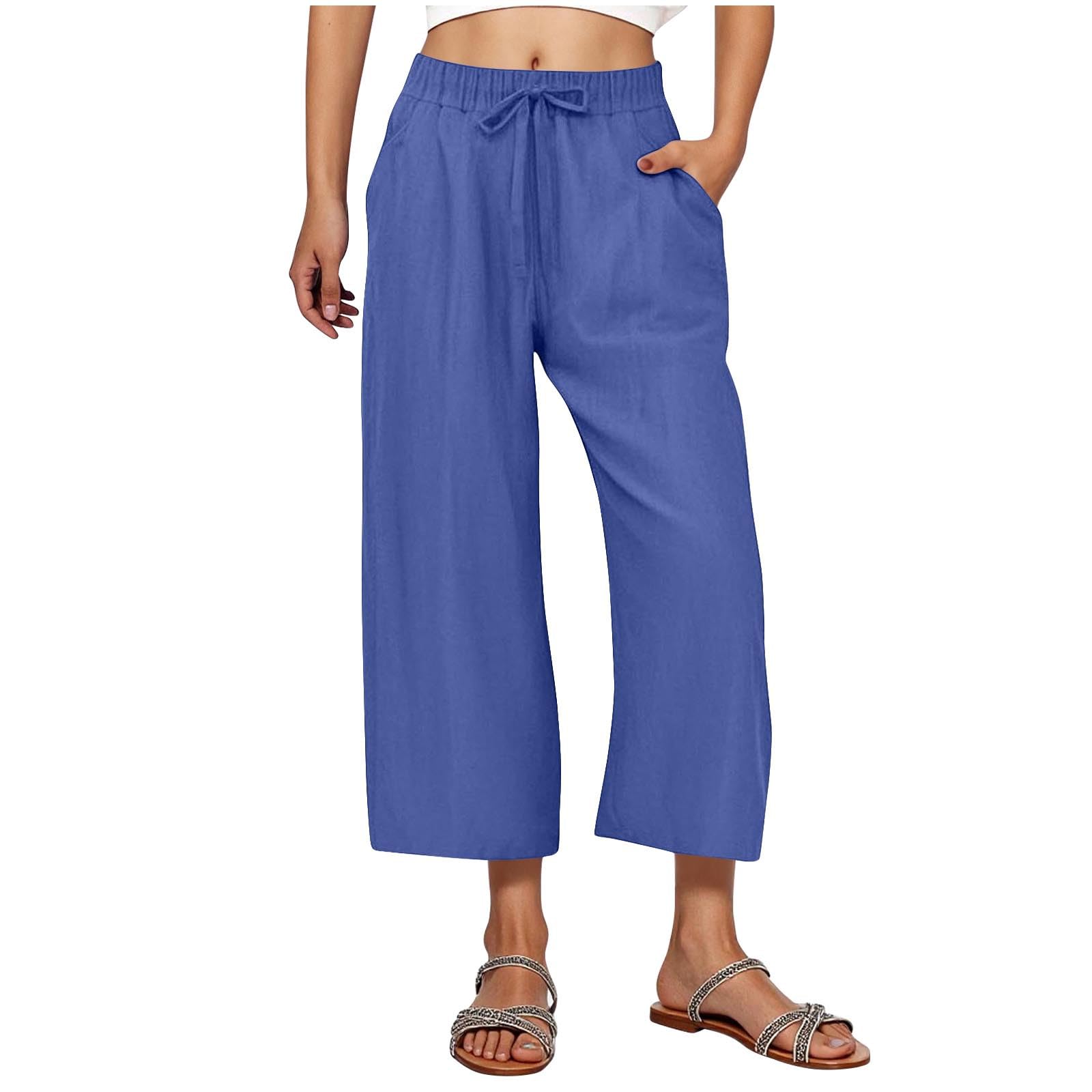 RLEHJN Damen Hosen,Weite Lose Gerade Geschnitten Palazzo Hose Hohe Taille Dehnbar Lounge Elegante Freizeithose Einfarbig Jogginghose Sommer Strandhose Freizeithose Stoffhose mit Tunnelzug und Taschen