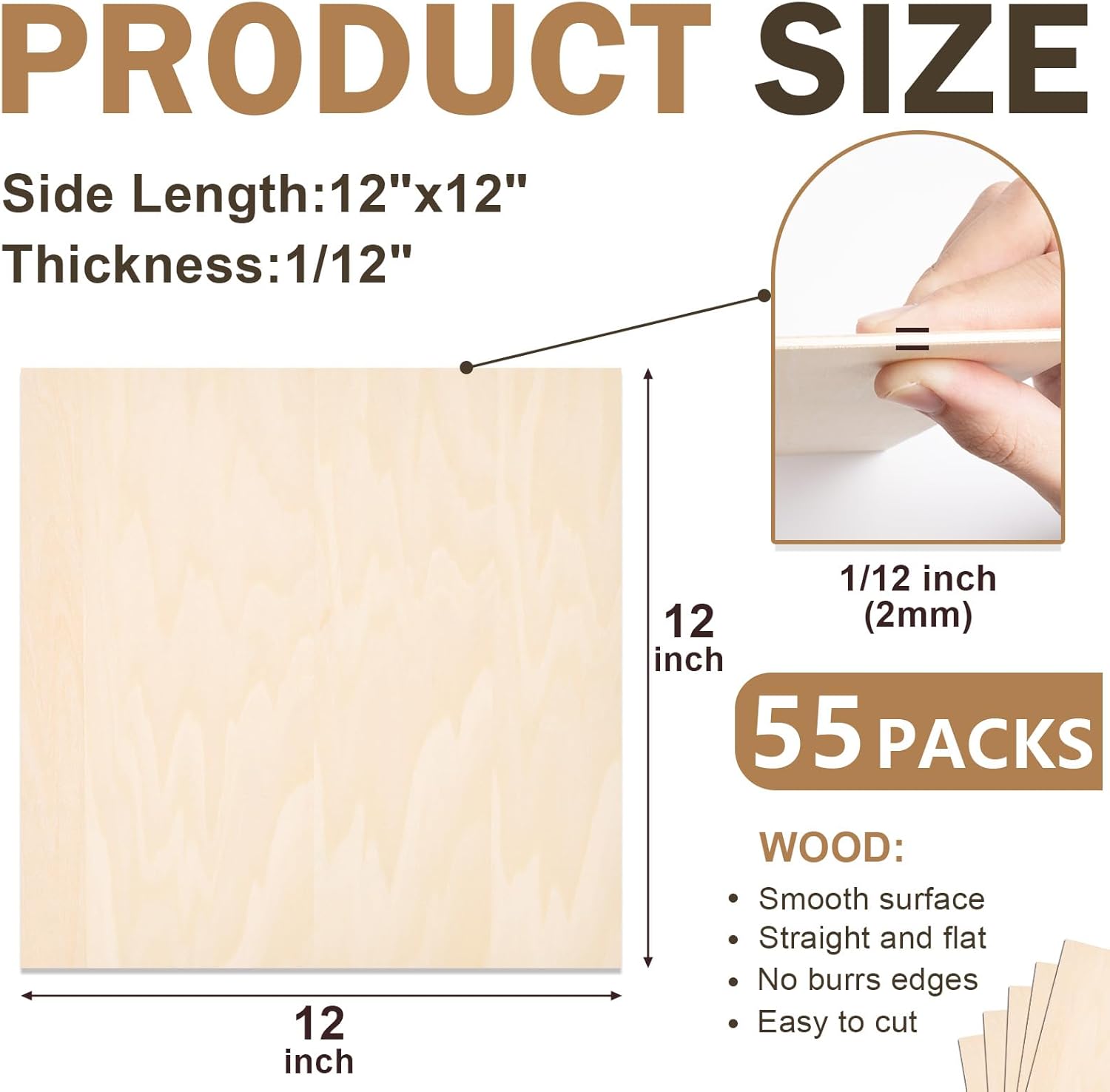 55 Pack Basswood Sheets for Crafts,12"x12"x1/12 2mm Thick Plywood Sheets with Smooth Surfaces-Unfinished Squares Wood Boards for Laser Cutting, Wood Burning, Architectural Models, Staining