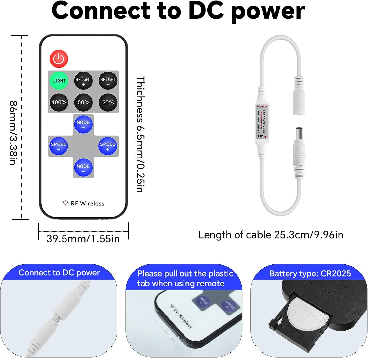 Dimensions of the LaiPuDuo 11-Key RF Mini Remote and receiver, with battery type CR2025 indicated
