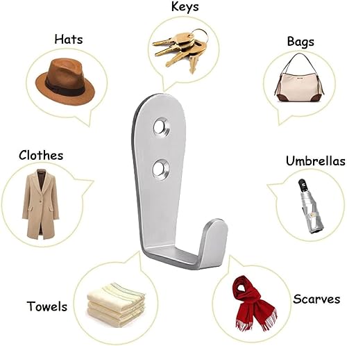 Miniatura 6 de Ganchos para abrigos montados en la pared, paquete de 6 ganchos de entrada individuales, gancho de pared cepillado resistente de acero inoxidable,