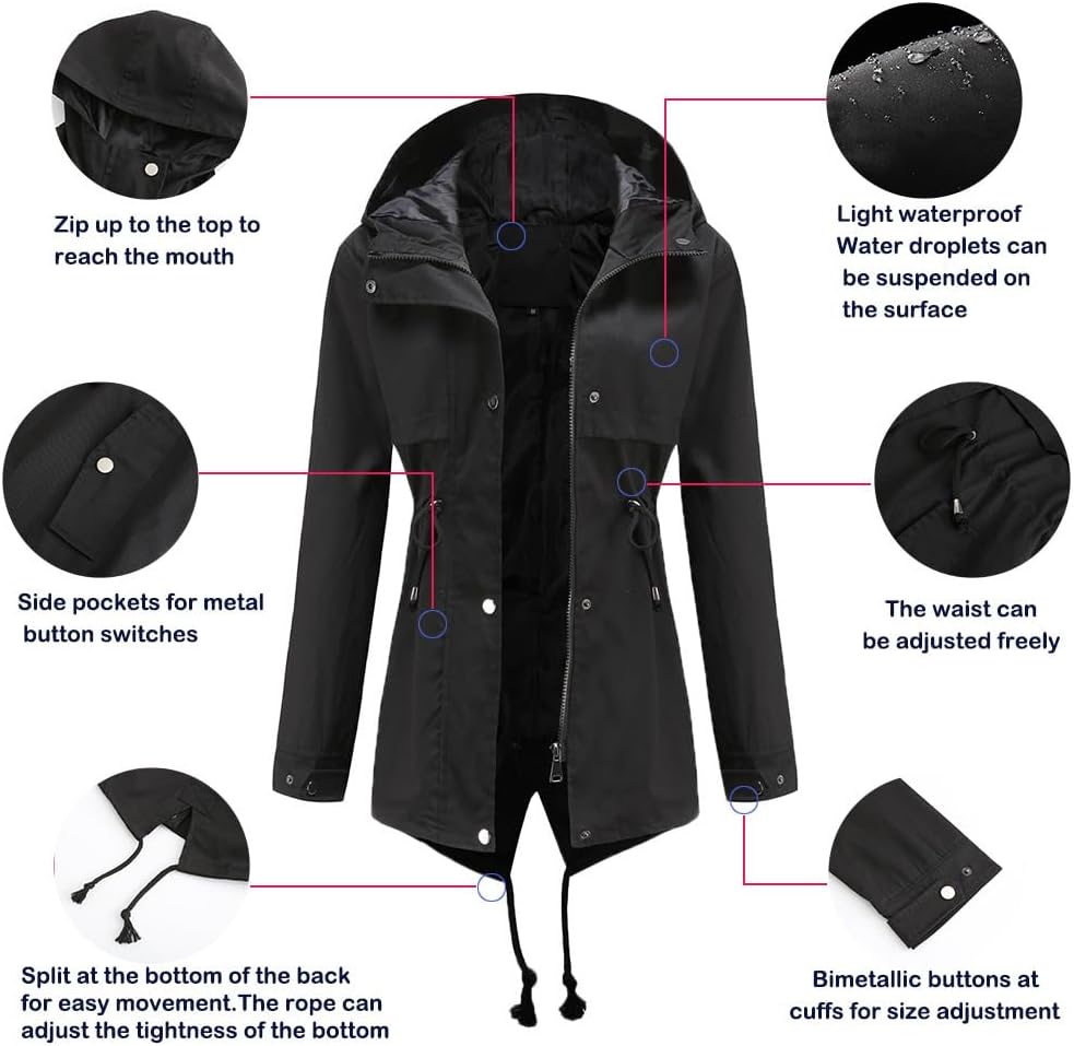 Women's Lightweight Outdoor Hiking Waterproof Jacket Zipper Hooded Jacket Windbreaker with Pockets