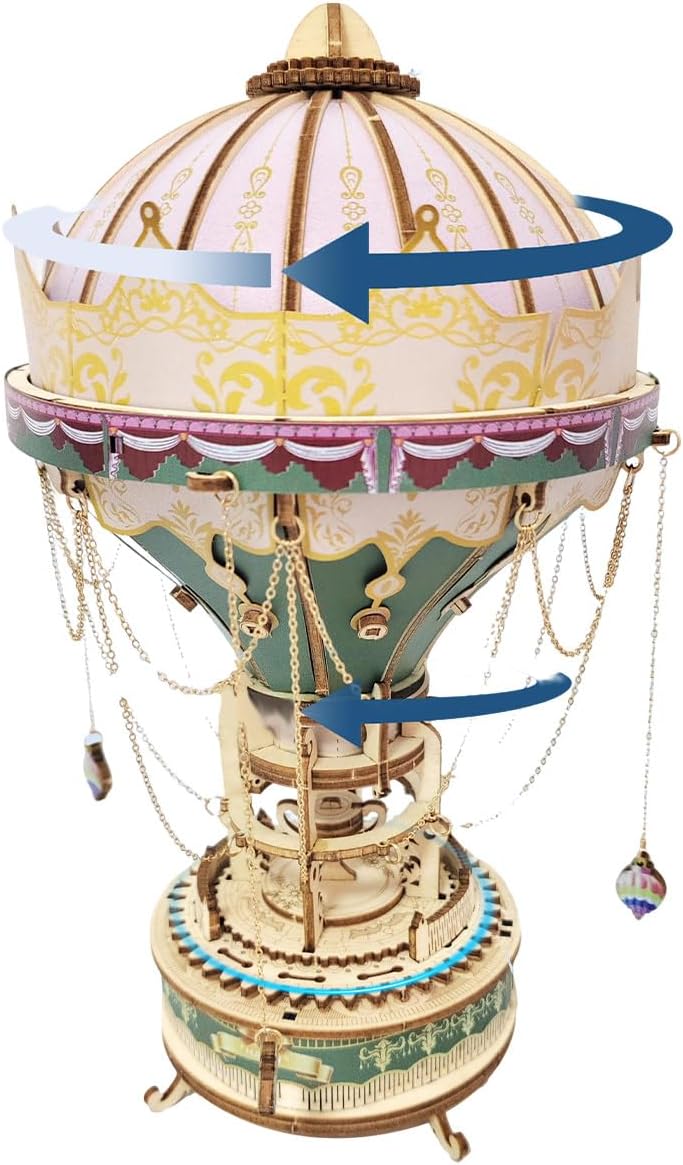 3D Wooden Puzzles for Adults, Dream Hot Air Balloon DIY Handcrafted Steampunk Rotating Music Box Model Kit with LED Lights, Creative Home Decor Gifts for Adults Youth (141PCS)