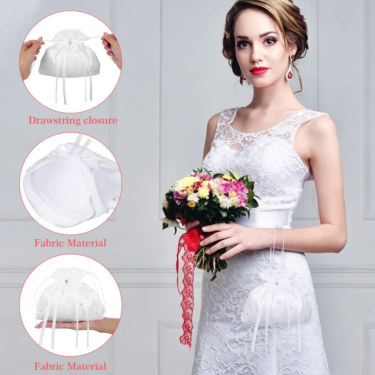 Veemoon Weiß Satin Brautbeutel, Braut Hochzeit Handtasche Brautbeutel Blumenmädchen Dolly Tasche Drawschnellzug Clutch Bag für Hochzeit Bankett Tanz Brautjungfern Accessoires 8,45X7,66X0,04 in