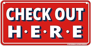 GEEKBEAR Check Out Here Sign Hanging from Ceiling - 12 x 6 in (Red)