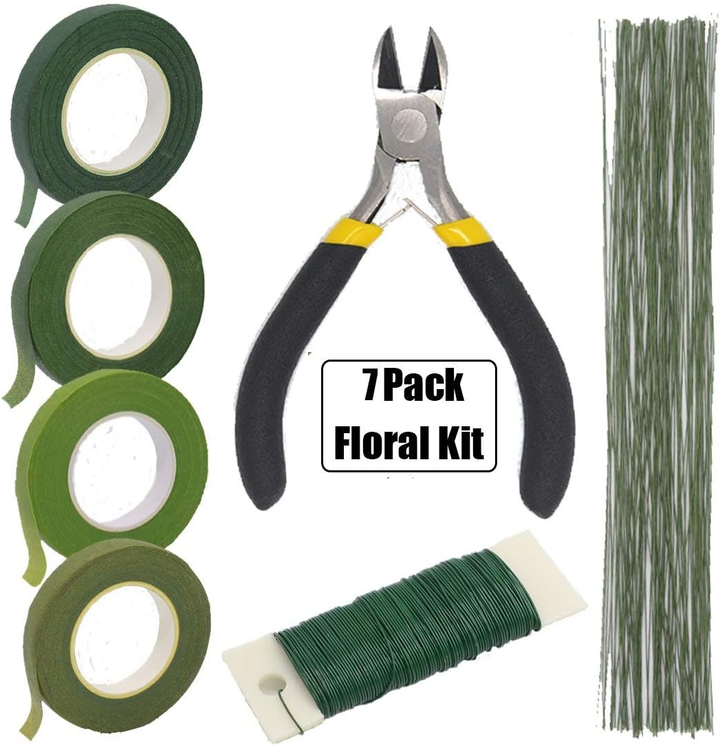FIVEWARE Floral Arrangement Tools Kit with Green Floral Tapes, 26 Gauge Stem Wire, Wire Cutter and 22 Gauge Paddle Floral Wire for Bouquet Stem Wrap Florist Wedding Floral Supplies