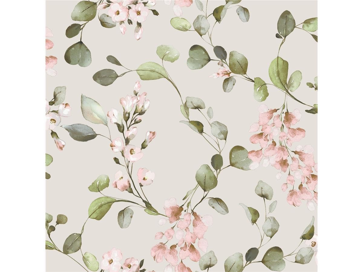 Yöl Pink/Cream/Beige Rosalie Wallpaper - Blosson Flowers Green Leaves - Wet Removable - Paste The Paper