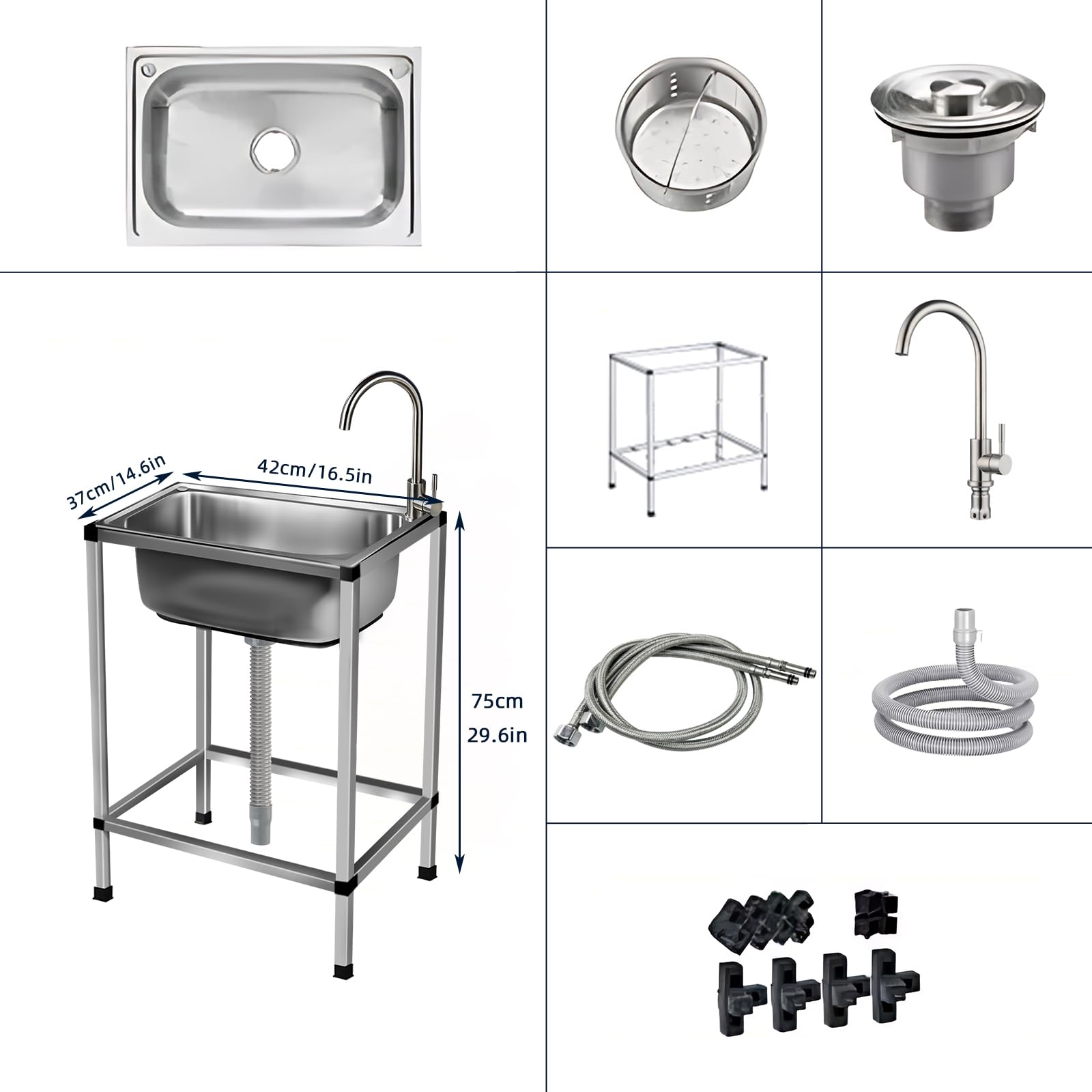 Lavabo Indipendente da Cucina Inox, Lavello da Esterno con Rubinetto | Lavello Commerciale Autoportante Lavello di Utilità Lavabo Cucina Lavamani Industriale Per Garage Cortile Giardino 42X37cm