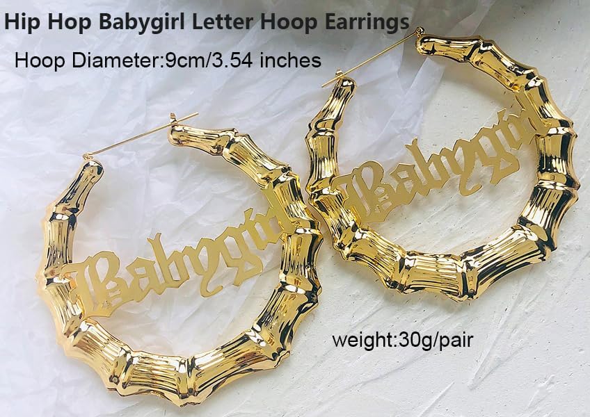 Miniatura 5 de Pendientes de aro grandes de bambú con letra inglesa antigua, estilo hip-pop, accesorio de fiesta de moda