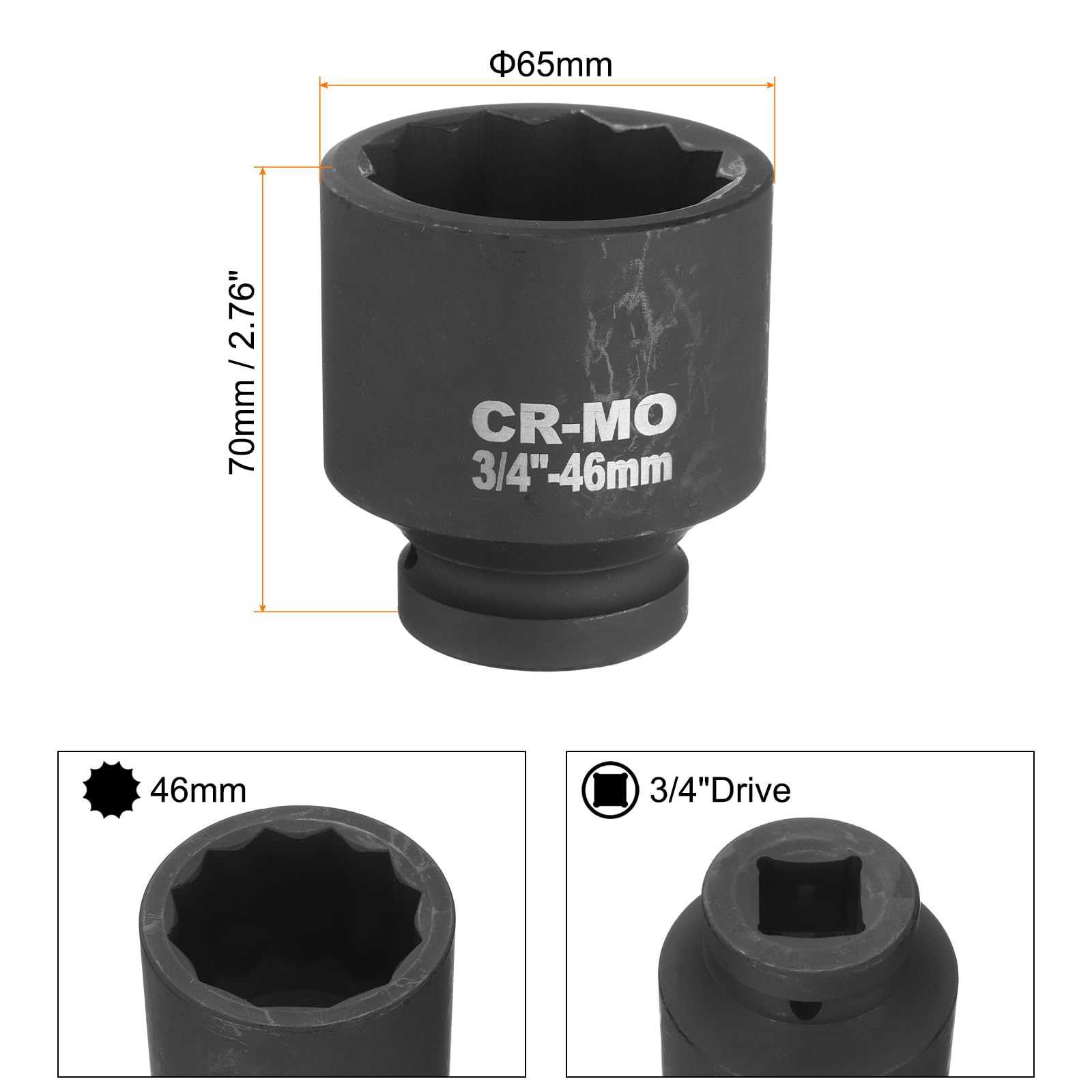 uxcell 2 llaves de vaso de impacto de 12 puntos de 3/4 pulgadas de 46 mm para reparación de automóviles, fácil extracción