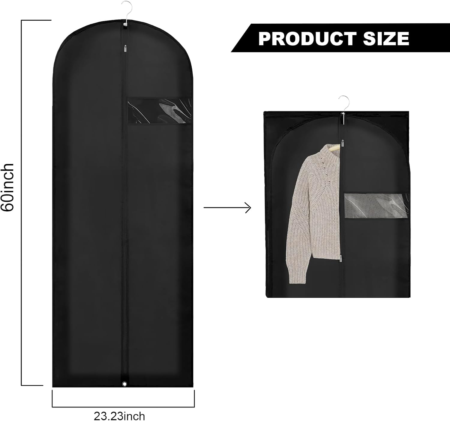 60" Dress Bags for Gowns Long, Garment Bags for Hanging Clothes with Clear Window, Foldable Suit Bag Cover for Travel and Storage (Black)