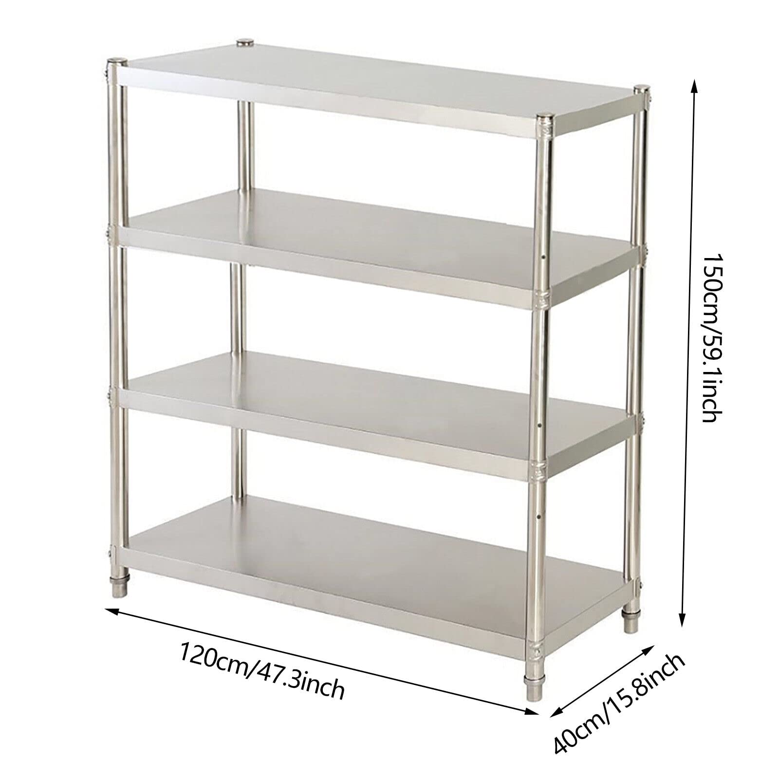 Edelstahl Schwerlastregal, 4 Böden Edelstahlregal Höhenverstellbar Küchenregal Standregal, Maximale Belastung 50 Kg, 120 x 40 x 150 cm