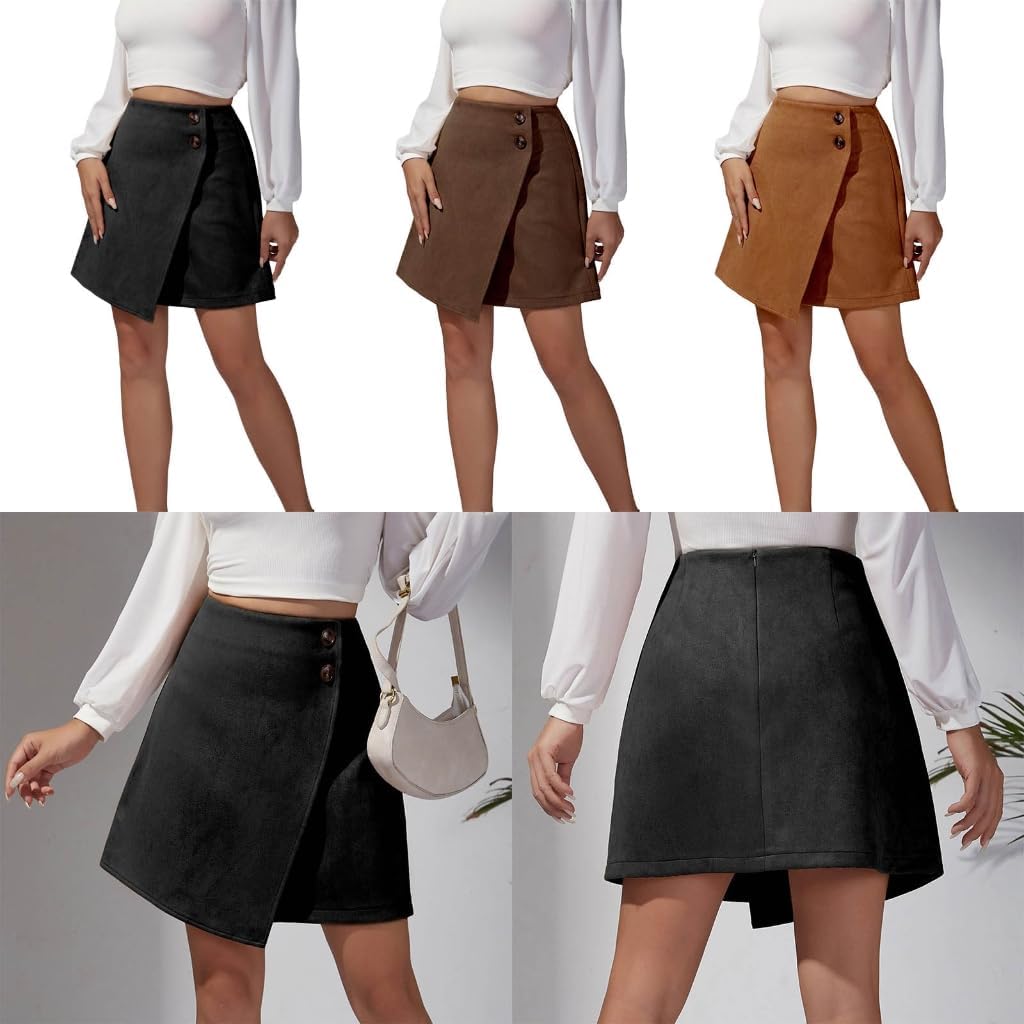 Womens Faux Suedes Mini Skirt Above Knee Length Wrap A Line Skirt Winter Spring Fall Short Skirt Back Zipper Closure Brown