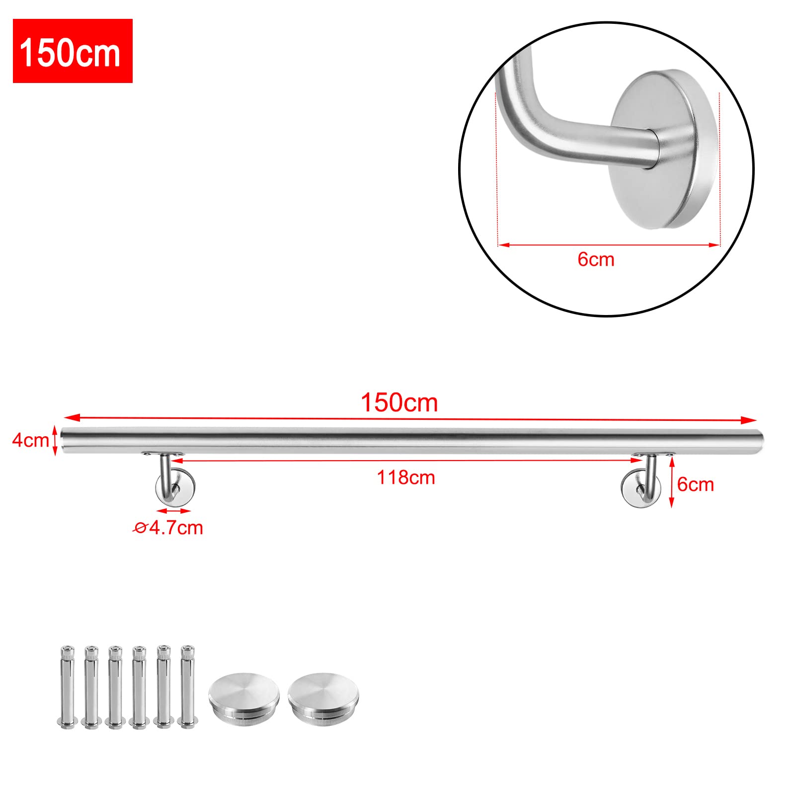 LARS360 Corrimano in acciaio inox, 150 cm, esterno interno da parete, parapetto, ringhiera per scale, Ø 40 mm, con supporto a parete e tappi terminali (150 cm, argento)