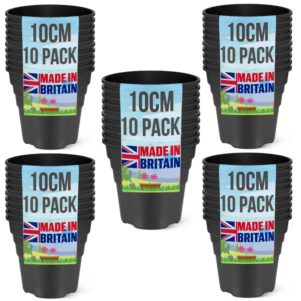 Happy Pots Black Premium Plastic Plant Pot 10Cm - Nursery Pot - 50 Pack - Made In Uk - Recyclable - With Drainage Holes - Bpa Free