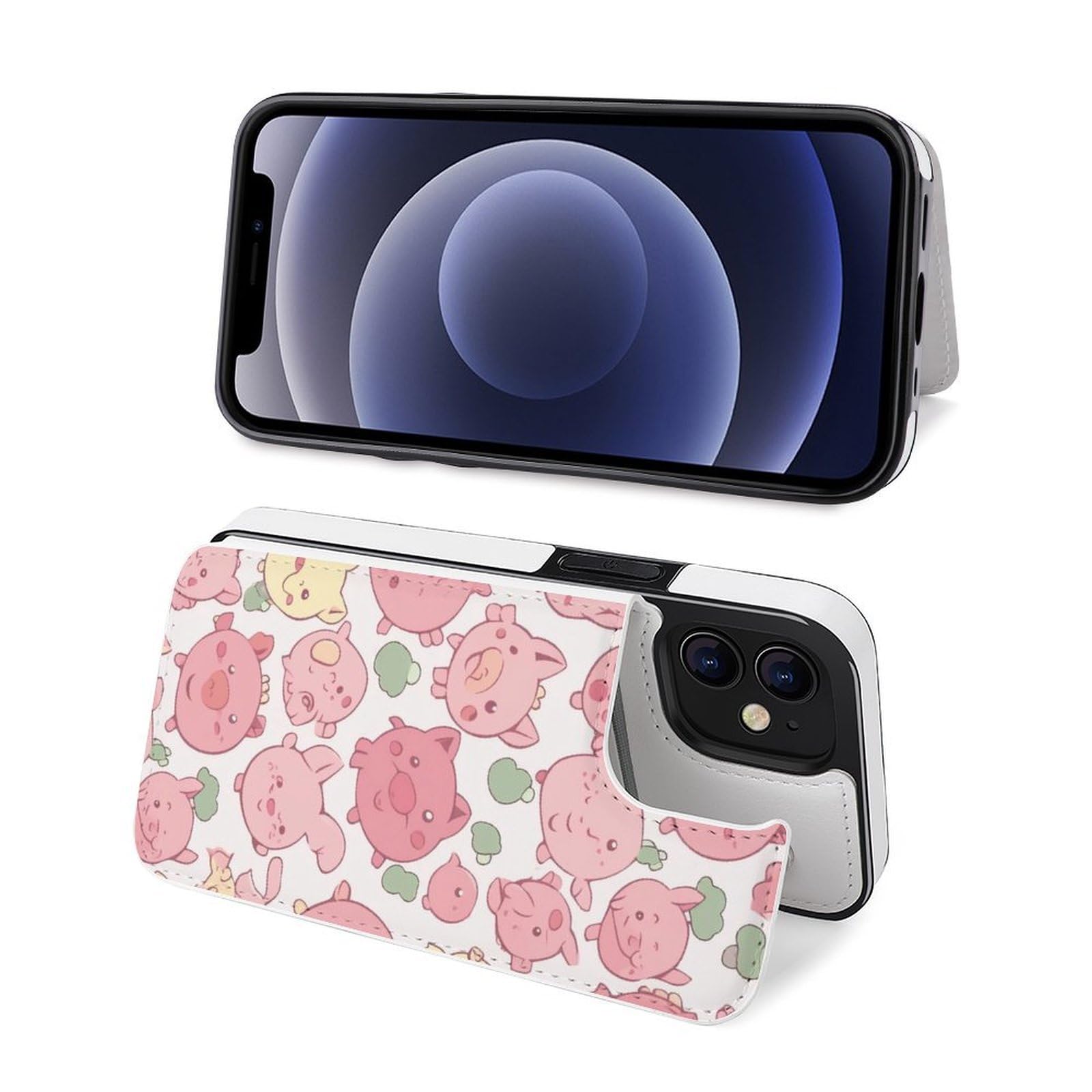 Fundas tipo cartera para iPhone 12, diseño de cerdos de dibujos animados, funda de piel con ranuras para tarjetas