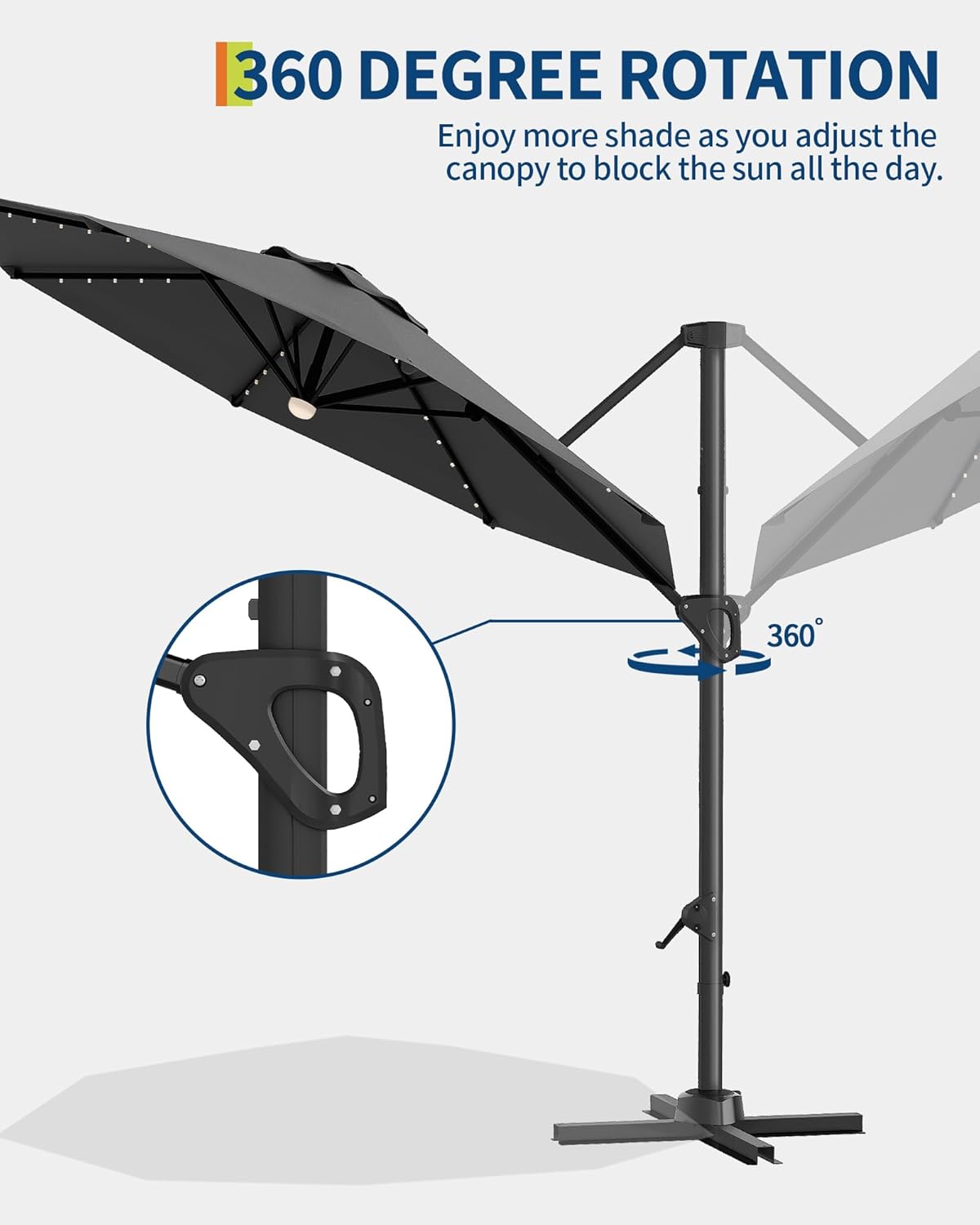 GarveeLife 10 ft Cantilever Umbrella Outdoor Patio Umbrella Solar LED w/Base Included Market Offset Umbrella Sun Shade Windproof with 360-Degree Rotation for Patio Garden Deck Pool, Grey