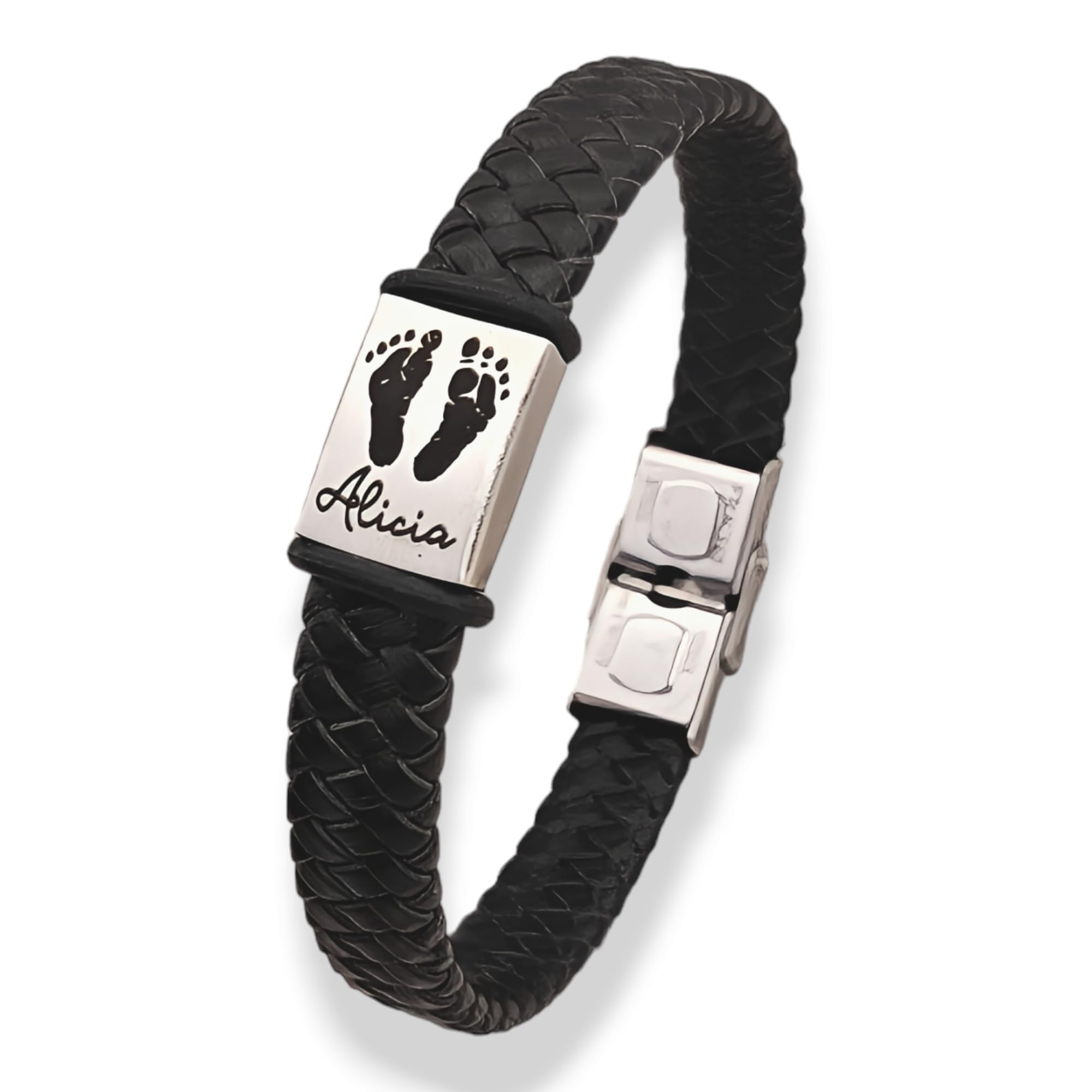 D.CORAZÓN ARTESANÍA HECHO A MANO Pulsera de cuero personalizada con el nombre que quieras, acero inoxidable, ajustable para todas las tallas. MODELO PIECINES Regalos día del padre. (CUERO NEGRO)