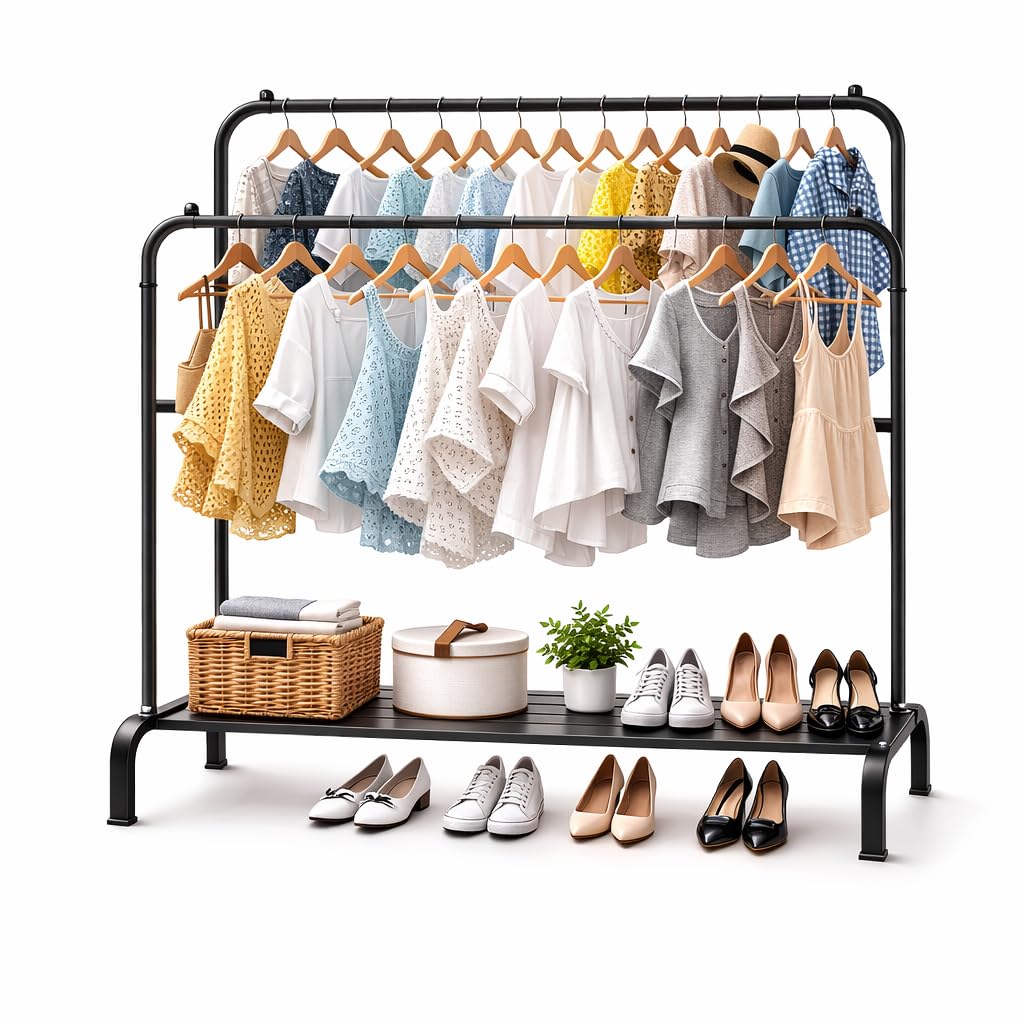Vasukie Heavy Duty Double Rod Clothes Rack with Bottom Shelf, Metal Garment Stand Organizer for Bedroom, Living Room & Boutique, Space Saving Cloth Hanger Stand Black (148 * 110 * 55.5)-image-21