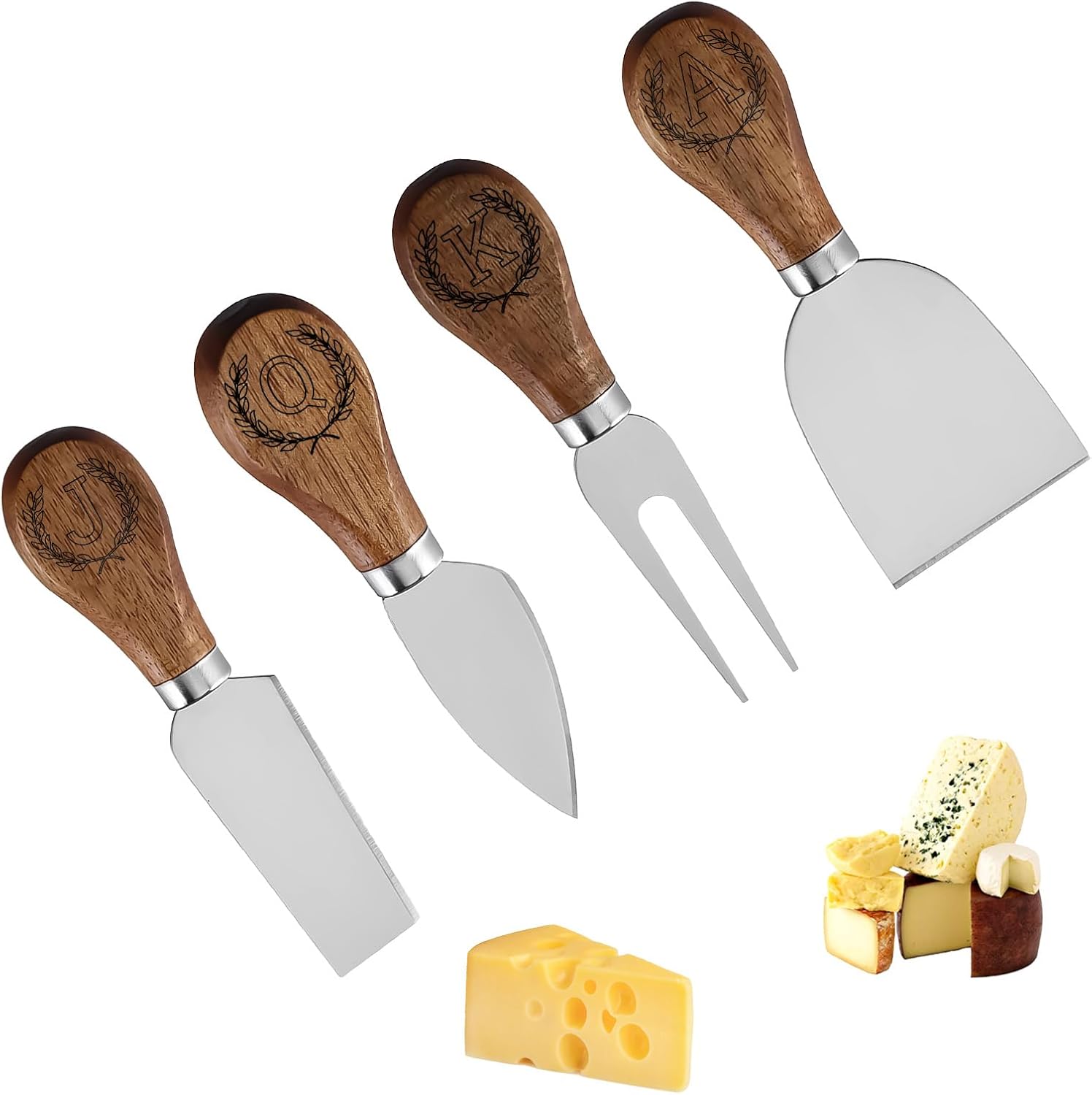 Personalized Cheese Knife Set Custom Engraved Cheese Knives Tool Set with Acacia Wood Handles - Mini Spreader, Fork, Butter Cutter, Slicer, Charcuterie Board Knives & Accessories