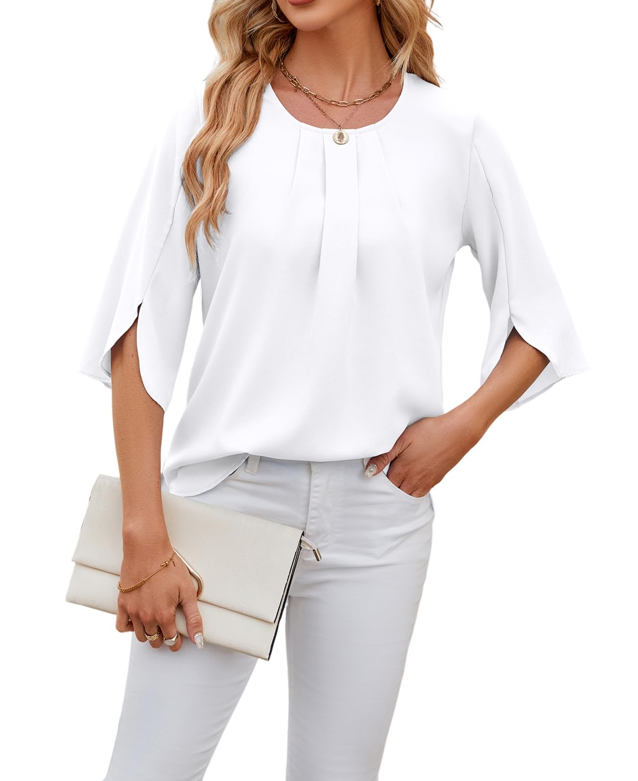 HaniLav Women Summer Dressy Shirts Elegant Pleated Crewneck 3/4 Sleeve Chiffon Work Blouse Shirt Tops