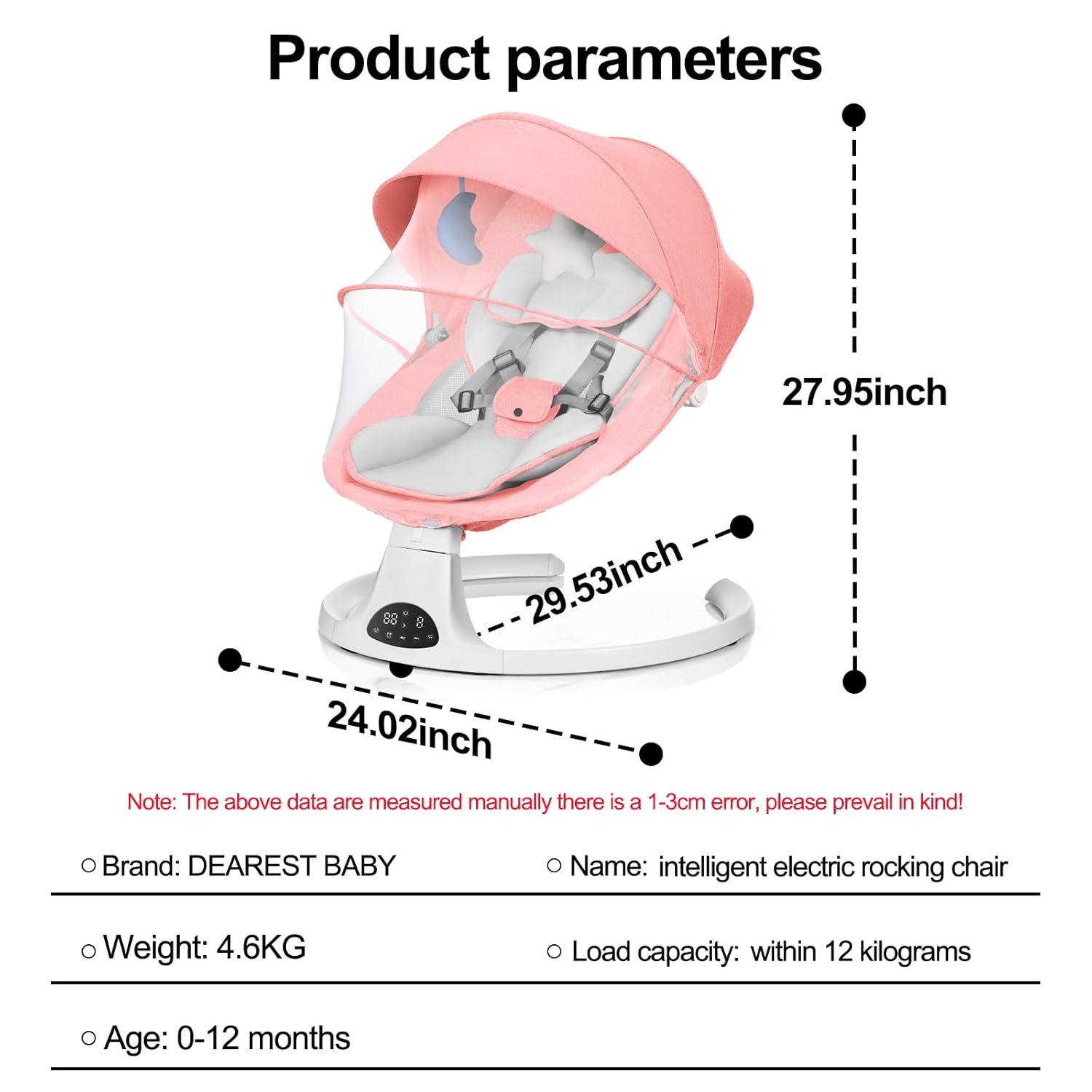 baby swing for newborn to toddler, 5 speed portable infant swing with smart touch control, remote control, 10 lullabies, timer, 5 point harness and soft fabric (pink)