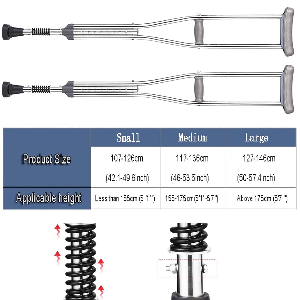 Stampelle Ascellari per Adulti con Cuscinetto e Impugnatura, Stampella Ortopedica Regolabile Sottoascellari, Altezza Regolabile con Pulsante, Argento (Color : 1 Count, Size : M)