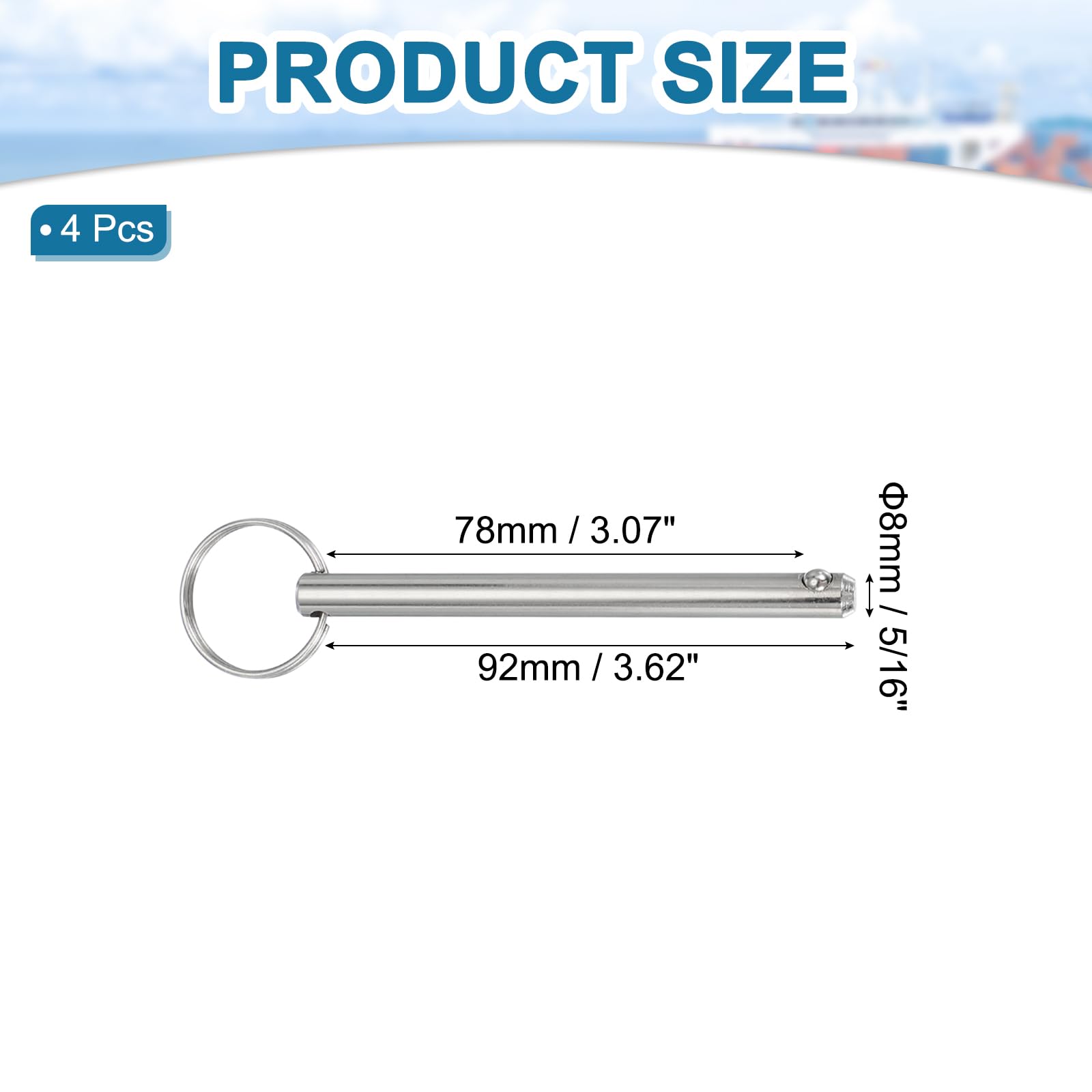 QUARKZMAN Pin di Rilascio Rapido, Dia 5/16"(8mm) Lunghezza Utilizzabile 3.07"(78mm) Lunghezza Totale 4.53"(115mm) Pin Bimini in Acciaio al Carbonio per Accessori Nautici, Confezione da 4