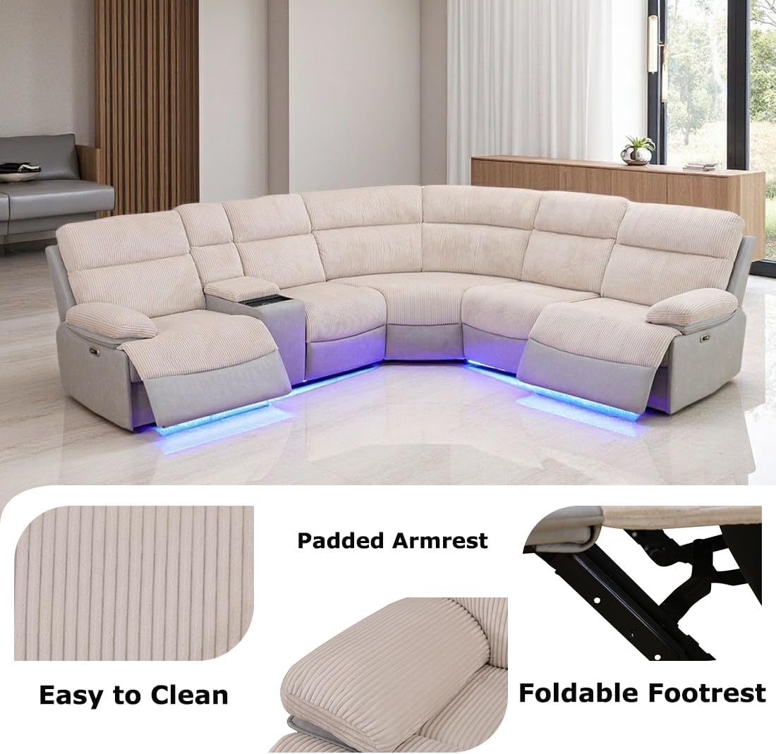 Living Room Furniture Sets, Power Reclining Sofa Set, Fabric Sectional Couch with LED Light, Modern Power Recliner Sofa with Storage Console for Living Room(Beige Grey)