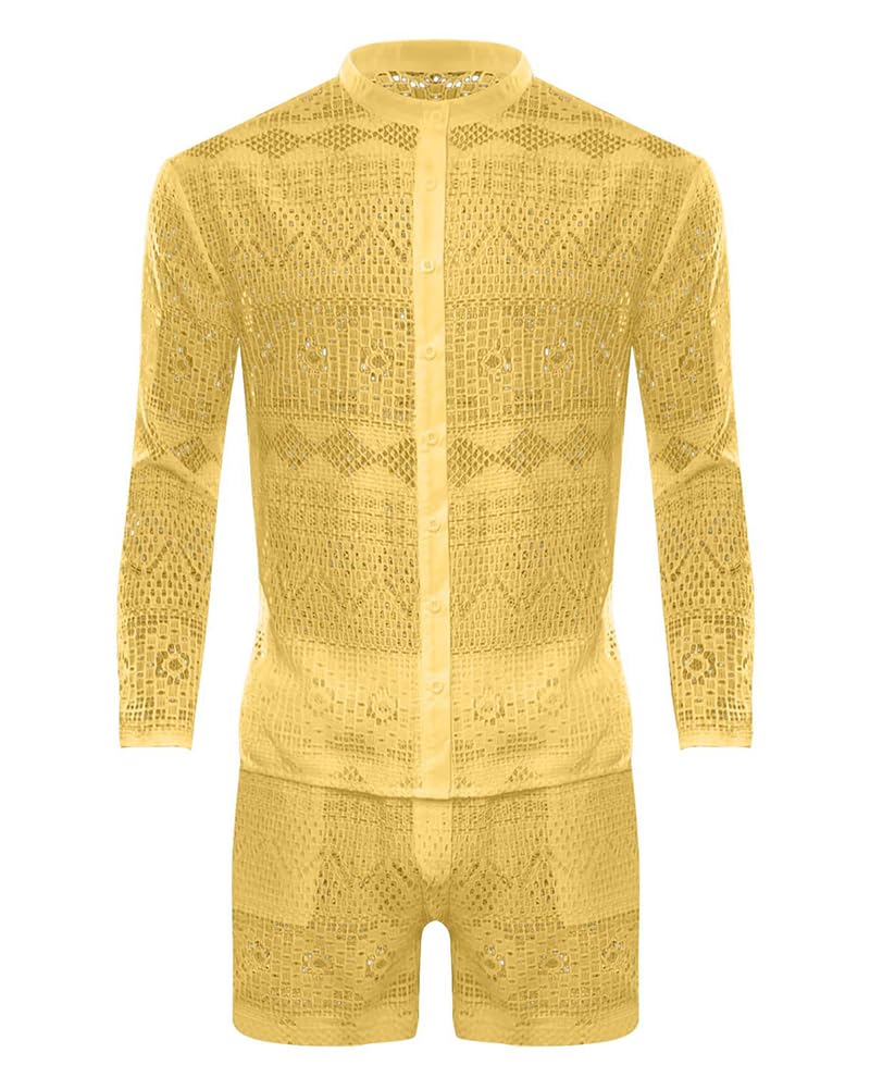 Camisa + Pantalones Cortos para Hombres Conjuntos de Top y Pantalones Cortos Juego de Dos Piezas Manga Larga Casual Conjunto Sexy Perspectiva Ropa de Playa Traje de Verano Cómodo
