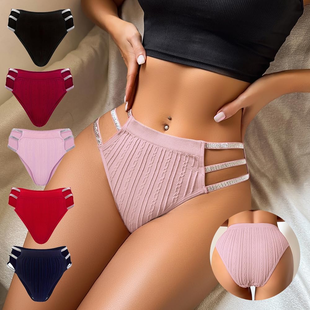 JUNELLA 5 Pcs Shiny Waistband Women's Low Rise Panties, Ribbed Cotton, Multicolour Sexy Hollow Out Hipster Panties - Image 7