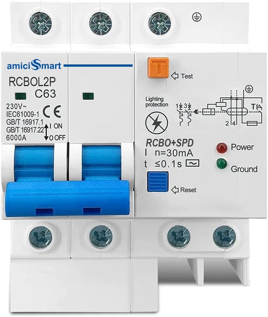 63A Single Phase Circuit Breaker with Leakage/Lightning Protection, Visual Open/Close Indicators (LEDs), and Din Rail Mounted Design, 220VAC