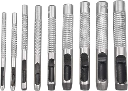 uxcell Juego de 9 perforadores huecos de acero de 0.098 a 0.394 pulgadas (2.5 a 0.394 in) de cuero para manualidades, para cuero, correa de reloj,