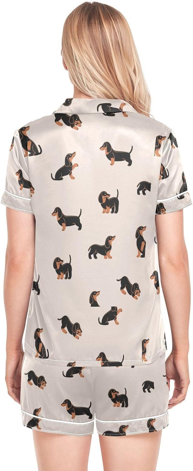 QUGRL Women's Satin Pajama Sets Shorts Happy Dachshund Dogs 2 Piece Pj Set for Women Cartoon Cute Silky Sleepwear Lounge Sets Button Down Bridal Shower Gift X-Large - Image 4