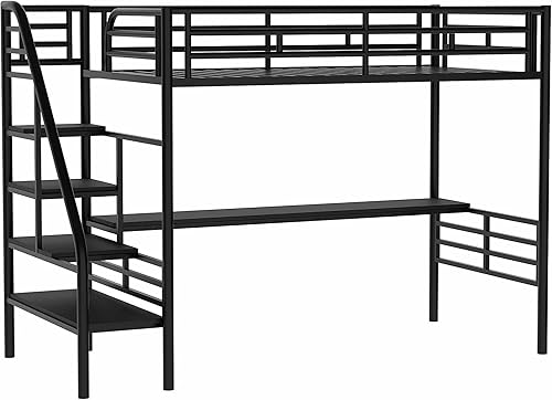Miniatura 7 de DNYN Stiarway - Cama alta de metal de tamaño individual con escritorio y barandillas de seguridad para dormitorio de niños y adultos marco de cama