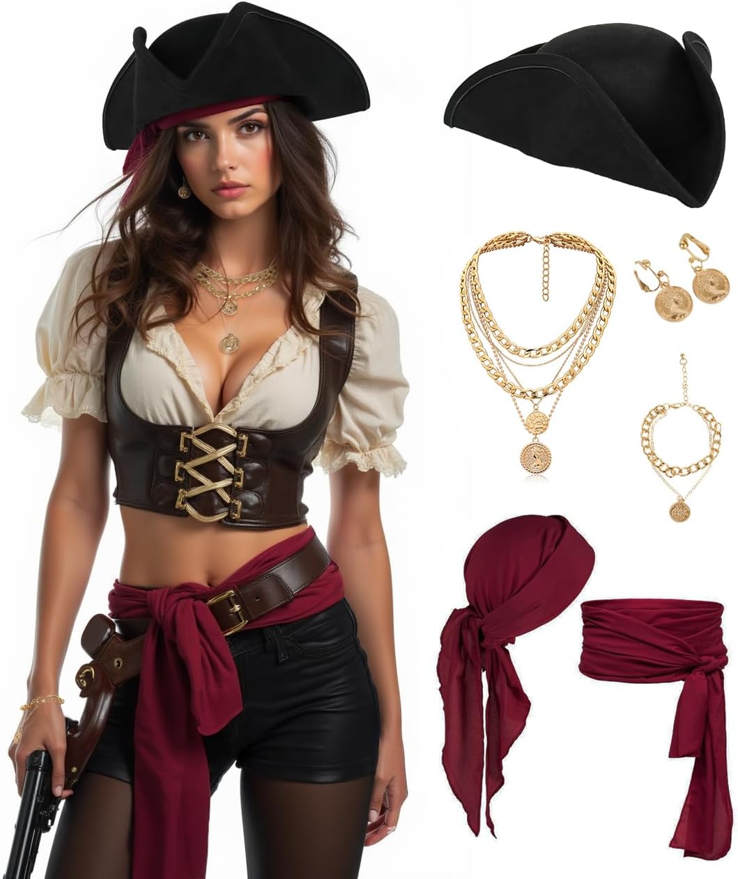 UQJE Authentic Pirate Hat for Women Adult Leather Tricorn Hat Halloween Colonial Costume Accessory