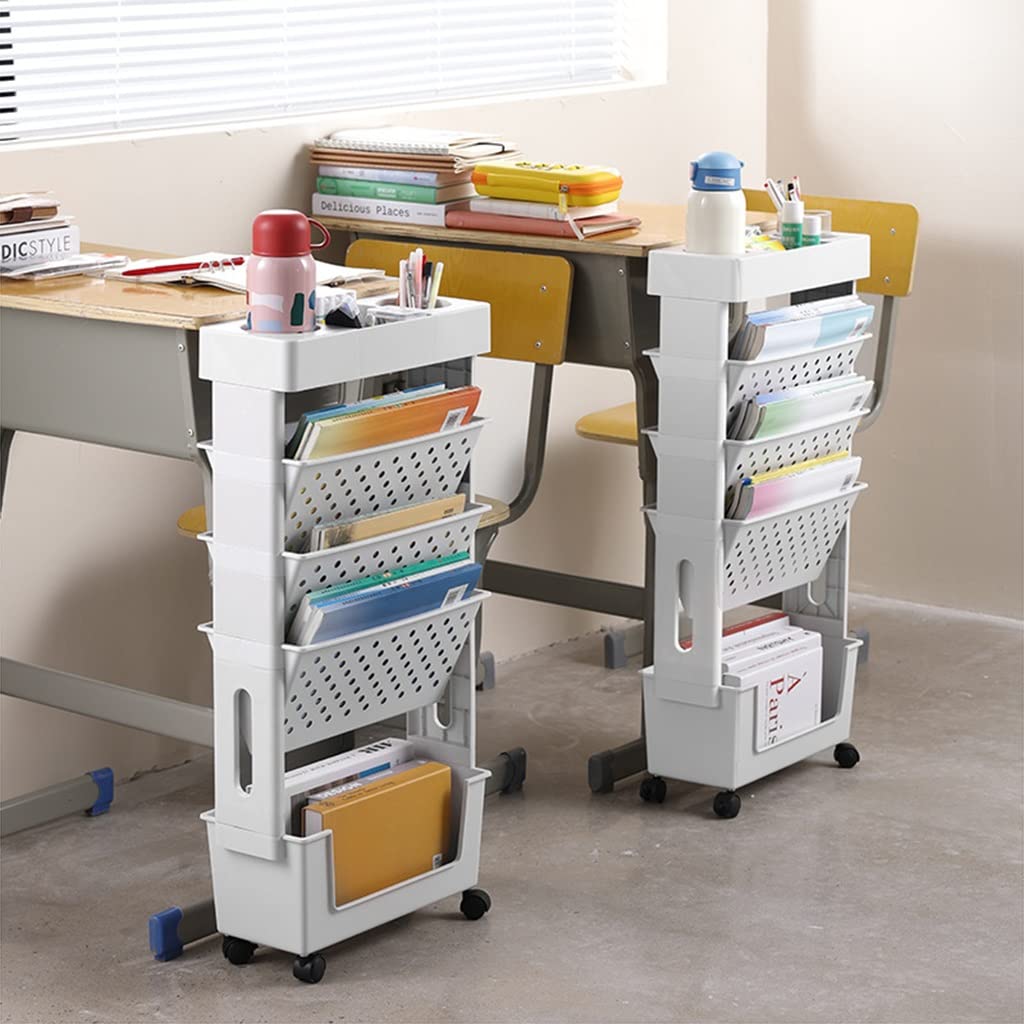 Carrito utilitario ajustable de 5 niveles para oficina, sala de estar, cocina y escuela, carrito multifuncional de plástico con ruedas (blanco)