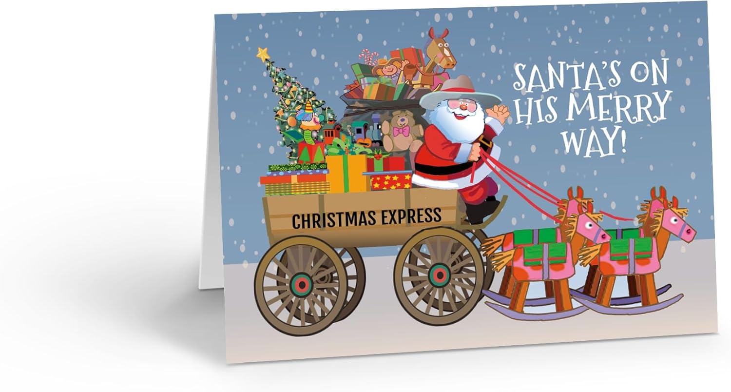 Stonehouse Collection Custom Christmas Greeting Cards with Santa Stagecoach Design, 5 x 7 inches, 24 Personalized Pack (Personalized)