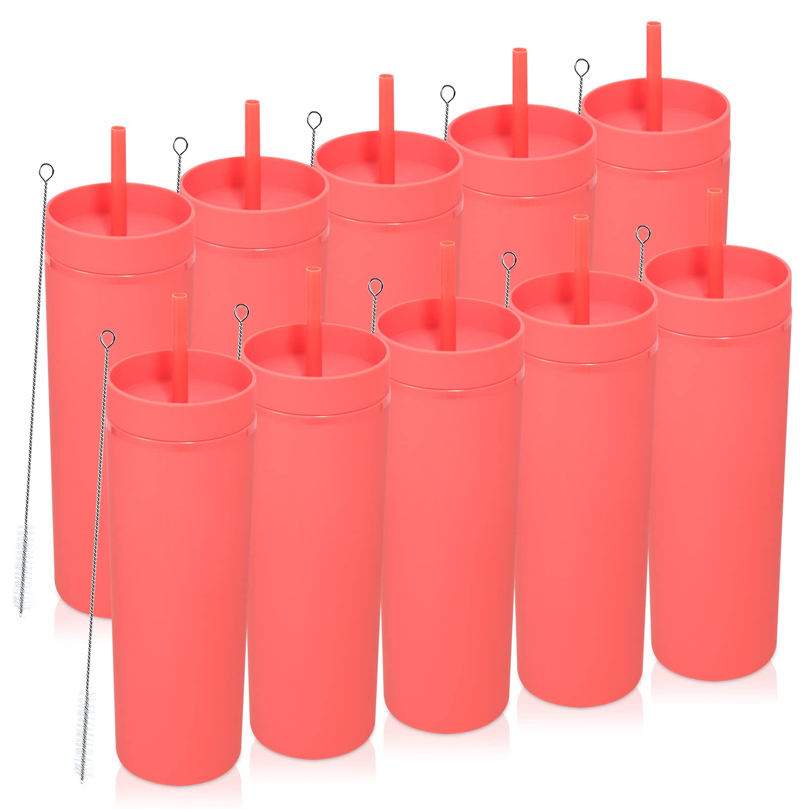 Volhoply 20oz Plastic Skinny Tumblers Bulk 10 Pack,Double Wall Tumbler with Lid and Straw,BPA Free Matte Acrylic Iced Coffee Cups With Straw,Reusable Travel Cute Mug for Party,DIY Gifts(Red, 10 Set)