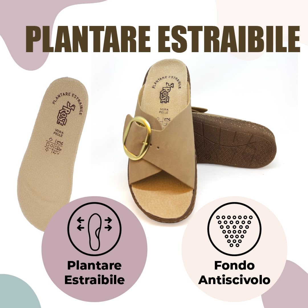 3Rose 385 Ciabatte Donna con Fascia Regolabile Effetto Nabuk e Fibbia - Pantofole Casa e Outdoor con Zeppa Effetto Sughero 4,5 cm - Estivi Comfort Anatomico Plantare Estraibile Vera Pelle (Beige)