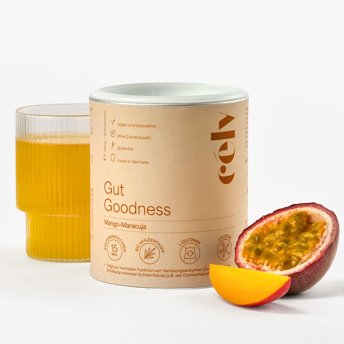 célv Gut Goodness | Mango/Maracuja Getränkepulver für ein gutes Darmgefühl, Pulver 15 Mrd. KBE Darmbakterien | Made in Germany | 30 Portionen