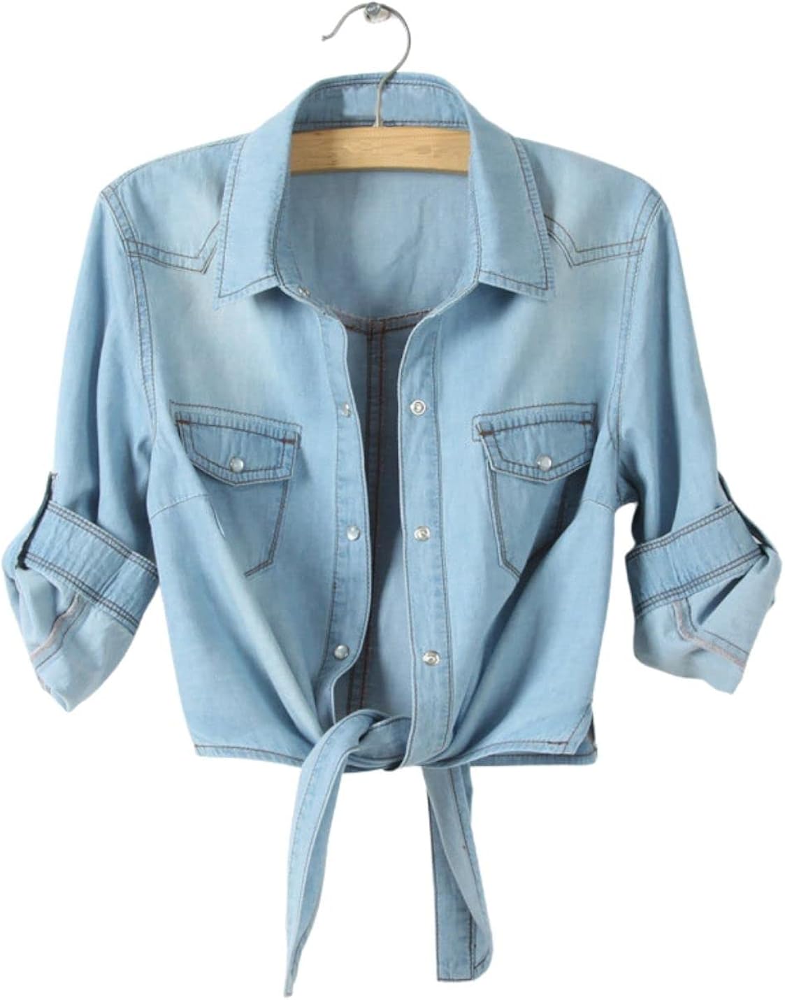 happlan Women's Loose Lapel 3/4 Sleeve Tie Knot Denim Shirt Short Crop Top